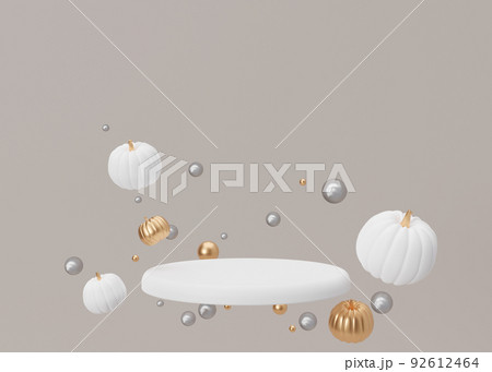 White podium with Halloween decoration on beige background. Halloween composition. Scene for product, cosmetic presentation. Trendy mock up. Pedestal, platform, stage for beauty product. 3D rendering. 92612464