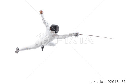 Aerial view of male fencer in fencing costume and mask holding smallsword and training isolated on white background. Sport, energy, skills Aerial view of male fencer in fencing costume and mask holding smallsword and training isolated on white background. Sport, energy, skills 92613175