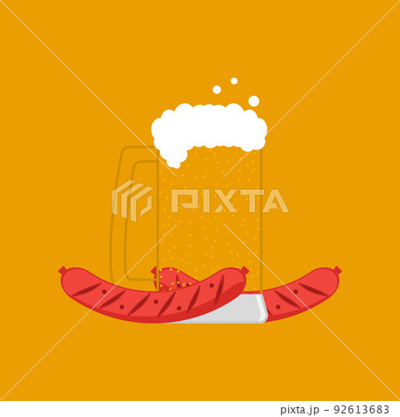 Transparent glass with beer and two sausages. Beer mug with foam, bubbles and  snack. Vector flat isolated illustration. 92613683