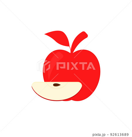 Red whole apple and quarter apple with a seed inside. Apple icon with a slice, branch and leaf. Vector illustration.	 92613689