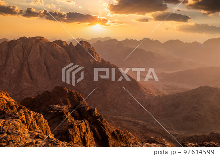 View from Mount Sinai at sunrise. Beautiful mountain landscape in Egypt. View from Mount Sinai at sunrise. Beautiful mountain landscape in Egypt. 92614599
