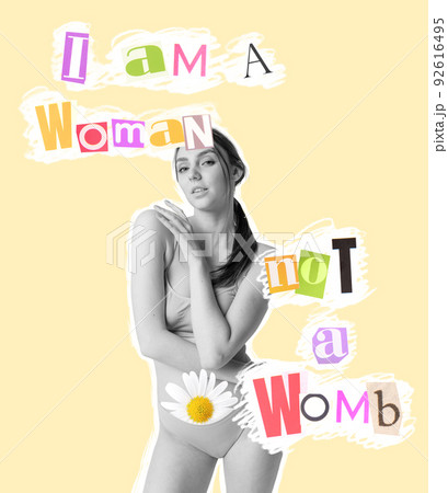 Contemporary art collage. Conceptual image of feminism. Woman posing over yellow background. Equality of gender Contemporary art collage. Conceptual image of feminism. Woman posing over yellow background. Equality of gender 92616495