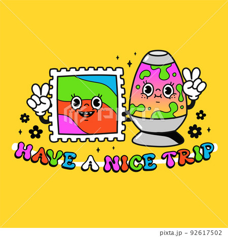 Cute funny lava lamp and lsd acid mark t-shirt print design. Have a nice trip slogan . Vector retro vintage cartoon character illustration art.Funny hippie print for t-shirt art concept Cute funny lava lamp and lsd acid mark t-shirt print design. Have a nice trip slogan . Vector retro vintage cartoon character illustration art.Funny hippie print for t-shirt art concept 92617502