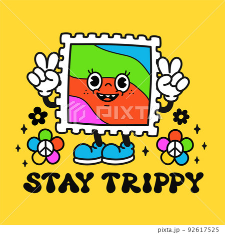 Cute funny acid lsd mark t-shirt print design. Stay trippy slogan quote. Vector retro vintage cartoon character illustration. Funny lsd,acid mark print for t-shirt,poster,sticker,logo art concept 92617525
