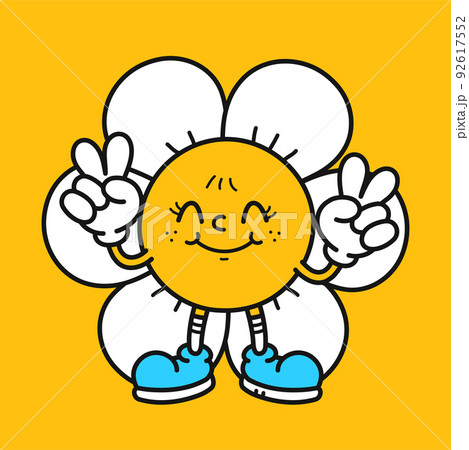 Cute funny flower show peace gesture t-shirt print design. Vector retro vintage cartoon character illustration. Funny hippie flower,camomile print for t-shirt,poster,sticker,logo art concept Cute funny flower show peace gesture t-shirt print design. Vector retro vintage cartoon character illustration. Funny hippie flower,camomile print for t-shirt,poster,sticker,logo art concept 92617552