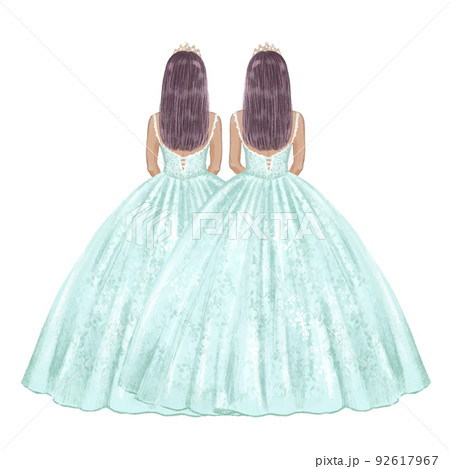 Two girls twins in ball gowns celebrate their 15 birthday. Hand drawn illustration 92617967