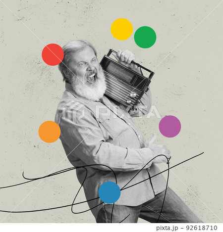 Excited senior man with retro music receiver over abstract background. Collage in magazine style. Surrealism, art, creativity, fashion and retro style concept. 92618710