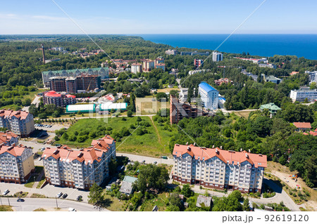 Svetlogorsk town with Baltic sea coastline. Kaliningrad Region. Aerial view 92619120