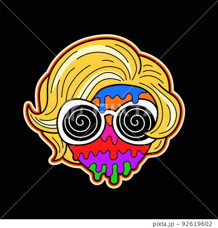Retro woman lady with melt rainbow face print for t-shirt.Vector hand drawn doodle 60s.70s style cartoon character illustration.Trippy lady,girl,acid,groovy,psychedelic concept 92619602