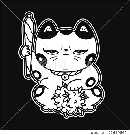 Cute funny kawaii asian Maneki-neko cat with joint and weed bud. Vector cartoon kawaii character illustration logo design. Cat, weed, marijuana,smoke cannabis,bong print for t-shirt,tee,logo concept 92619642