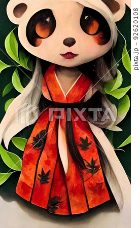 A fantasy japan panda with flowers and a beautiful magical fairy tale enchanted forest. Artistic abstract beautiful nature. Perfect for phone wallpaper or for posters. 92620108