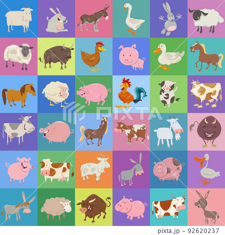 background design with funny cartoon farm animal characters 92620237