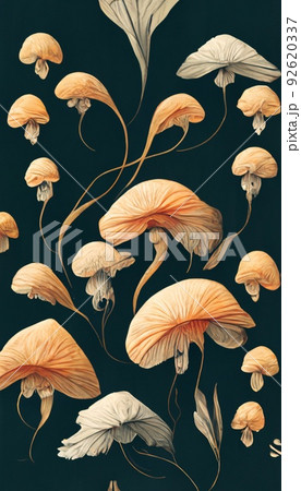 Colorful multicolored bright picture. Painted bright multicolored mushrooms. Abstract colorful background. 92620337