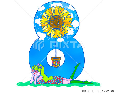 8月のひまわりと女の子 92620536