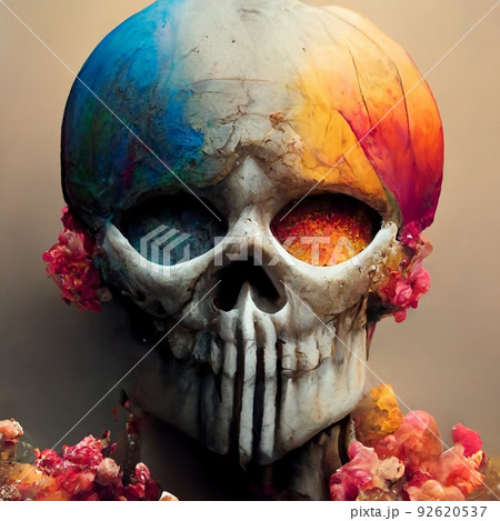 A skull splattered with multicolored ink. Skull painted with colorful paints. A creepy skull smeared with different colors of ink. Perfect for phone wallpaper or posters. 92620537