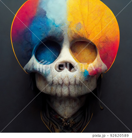 A skull splattered with multicolored ink. Skull painted with colorful paints. A creepy skull smeared with different colors of ink. Perfect for phone wallpaper or posters. 92620589