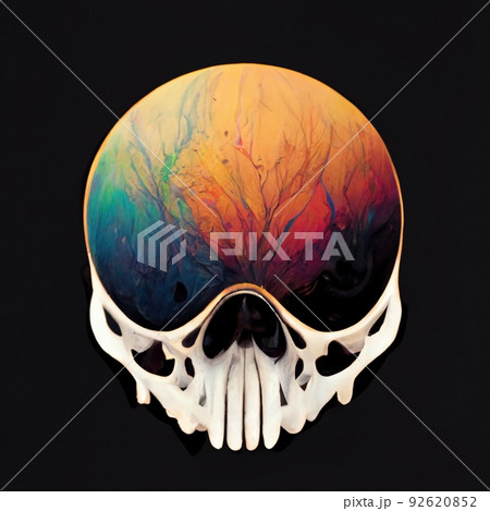 A skull splattered with multicolored ink. Skull painted with colorful paints. A creepy skull smeared with different colors of ink. Perfect for phone wallpaper or posters. 92620852