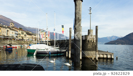 Cannobio. ITALIA. Embankment of Cannobio on the lake Maggiore in the winter afternoon 92622829
