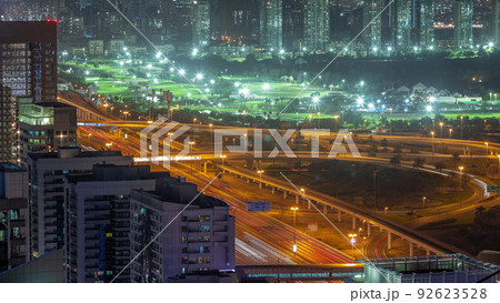 Dubai luxury residential district with golf club night timelapse. Dubai luxury residential district with golf club night timelapse. 92623528