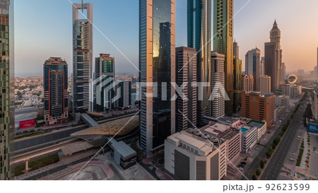 Aerial view of Dubai International Financial District with many skyscrapers timelapse. Aerial view of Dubai International Financial District with many skyscrapers timelapse. 92623599