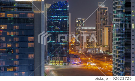 Cityscape of skyscrapers in Dubai Business Bay aerial night timelapse Cityscape of skyscrapers in Dubai Business Bay aerial night timelapse 92623729
