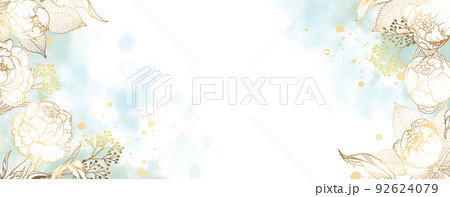 Luxurious golden wallpaper. Banner with white background blue and green watercolor stains and flowers. Golden peonies leave wall art with a shiny light texture. Vector illustration. 92624079