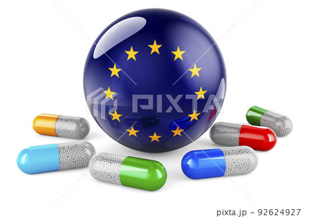 Pills capsules with the EU flag. 3D rendering 92624927