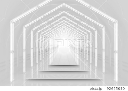 White hexagonal tunnel glossy podium. Abstract background. Light reflection stage. Geometric neon lights. 3D illustration 92625050