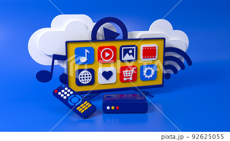 Smart tv concept 3d illustration. TV box, menu screen, remote. 92625055