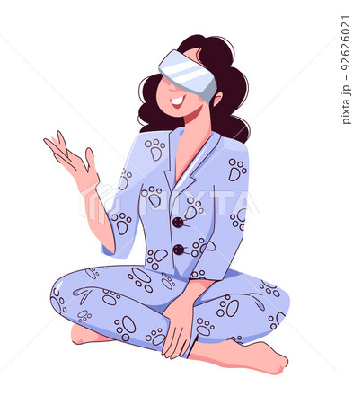 A girl in virtual reality glasses sits in Turkish. Expressive positive posture. Communication in augmented reality. 92626021