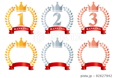 金銀銅の月桂樹フレームと王冠、赤いリボンのランキングアイコンセット 92627942
