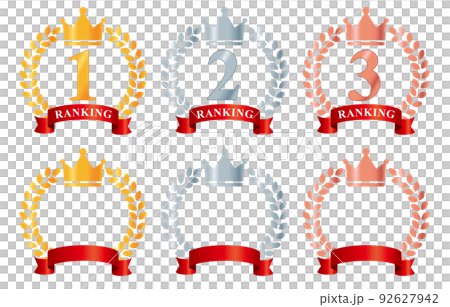 金銀銅の月桂樹フレームと王冠、赤いリボンのランキングアイコンセット 92627942