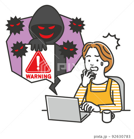 パソコンを使った詐欺・犯罪の被害にあった主婦のイラストイメージ 92630783