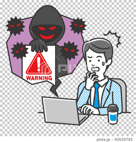 Illustration image of a male office worker who was a victim of fraud and crime using a personal computer 92630785