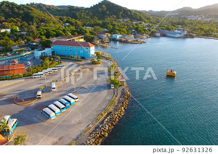 An aerial view of a tropical beach in Roatan Honduras early in the morning. 92631326