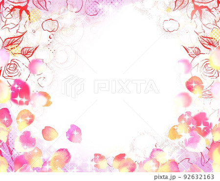 少女漫画キラキラ輝く星々とピンクの薔薇と花びらが舞うペン画カラーイラスト 92632163