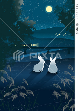 秋の月と二匹のウサギのイラスト 92632415