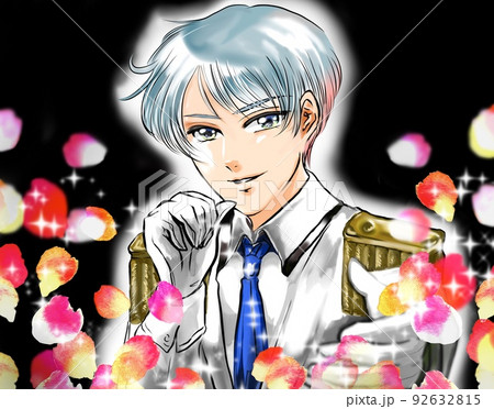 王子様風タキシードを着た銀髪イケメンアイドルが手を差し伸べる漫画風カラーイラストと薔薇の花園背景 92632815