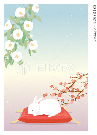 白椿と梅と眠るウサギのイラスト 92633138