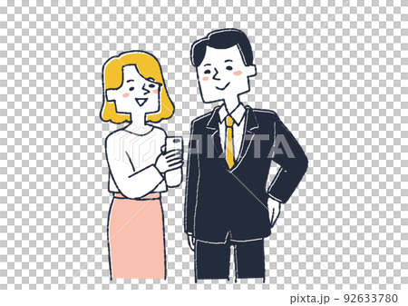 Office casual woman looking at smartphone and man in suit People using smartphones 92633780