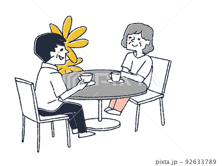 テーブルに座りお茶を飲む老夫婦 喫茶店やカフェでの風景のイラスト素材 テーブルに座りお茶を飲む老夫婦 喫茶店やカフェでの風景のイラスト素材