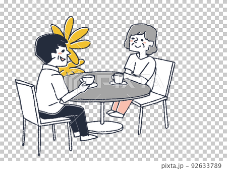 一對老夫婦坐在桌邊，在咖啡店或咖啡館喝茶風景 92633789