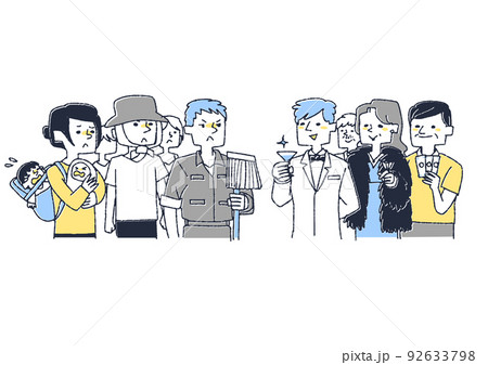 貧困に苦しむ人々と富裕層の人々の対比 コミカルな手書きの人物 ベクター、線画にカラー 貧困に苦しむ人々と富裕層の人々の対比 コミカルな手書きの人物 ベクター、線画にカラー 92633798