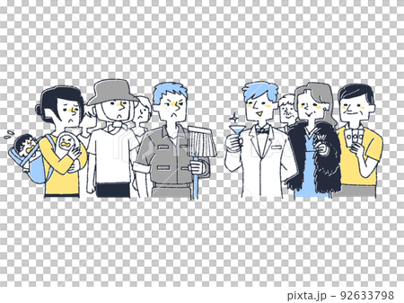 Contrast between the poor and the wealthy Comical hand-drawn characters Vector, line drawing and color Contrast between the poor and the wealthy Comical hand-drawn characters Vector, line drawing and color 92633798