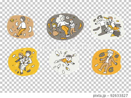 宇宙空間を漂う自由な人々のセット　コミカルな手書きの人物　ベクター、線画にカラー 92633827