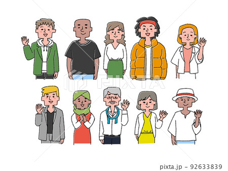 様々な国籍、性別、肌の色の人物 コミカルな手書きの人物 ベクター、温かみのある線画 様々な国籍、性別、肌の色の人物 コミカルな手書きの人物 ベクター、温かみのある線画 92633839