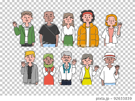 様々な国籍、性別、肌の色の人物 コミカルな手書きの人物 ベクター、温かみのある線画 様々な国籍、性別、肌の色の人物 コミカルな手書きの人物 ベクター、温かみのある線画 92633839