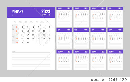 Hijri islamic and gregorian calendar 2023. From 1444 to 1445 vector celebration template. Week starting on sunday. Ready for print. Flat minimal desk or wall picture design Hijri islamic and gregorian calendar 2023. From 1444 to 1445 vector celebration template. Week starting on sunday. Ready for print. Flat minimal desk or wall picture design 92634129