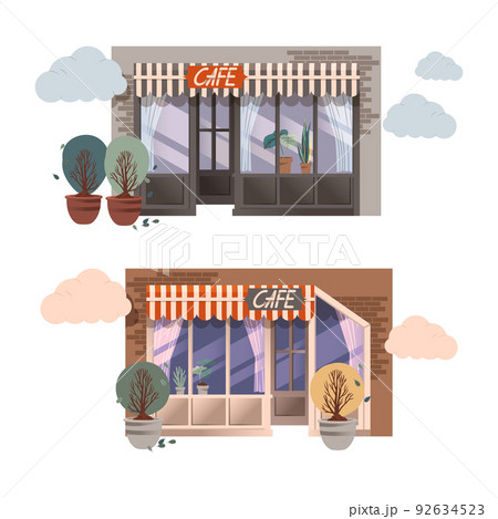 Cafe House Building Facade with Striped Awning, Entrance Door and Plants in Pot Vector Set Cafe House Building Facade with Striped Awning, Entrance Door and Plants in Pot Vector Set 92634523