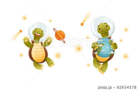 Cute Green Turtle Floating in Outer Space Among Yellow Stars and Planet Vector Set Cute Green Turtle Floating in Outer Space Among Yellow Stars and Planet Vector Set 92634578